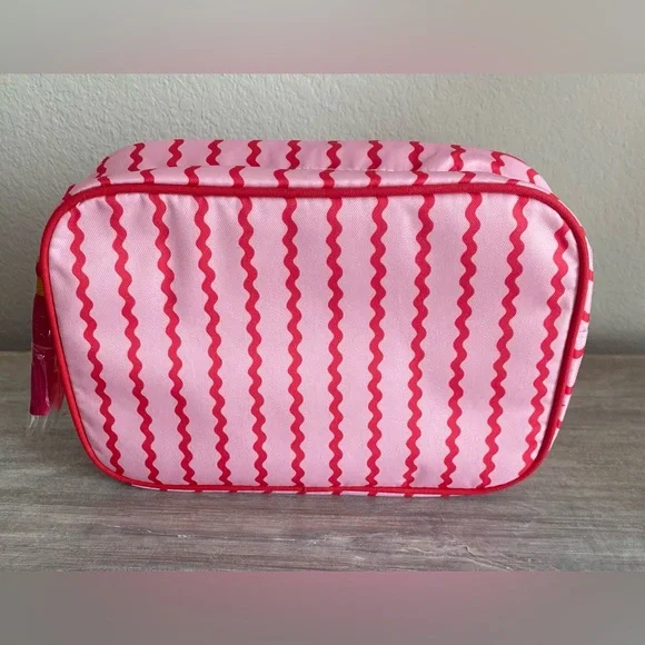 Pink Red Squiggly-Striped Boutique Fabric Zip Cosmetic Bag Tote Makeup Organizer - Picture 1 of 6